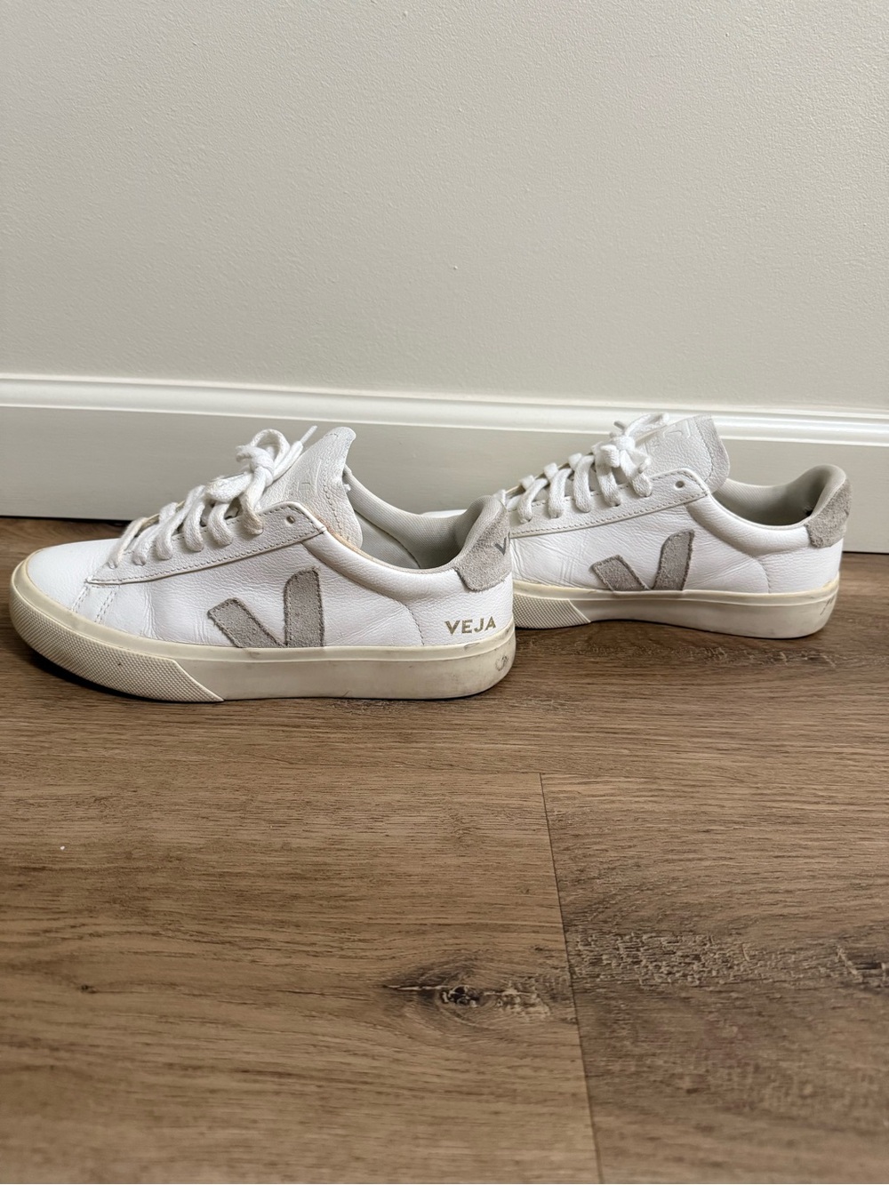 Veja White Low-Top Sneakers with Light Gray Suede V Detail